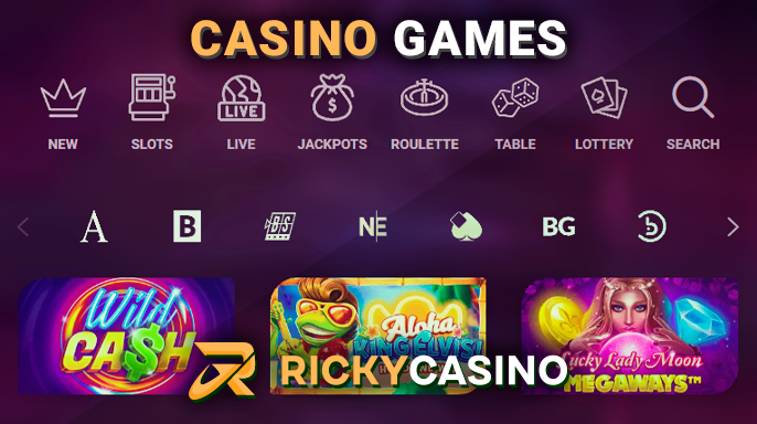 Categories of casino games at Ricky Casino - slots, roulette, live, the rest