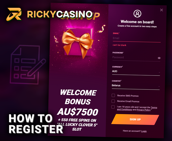 Ricky Casino registration form with personal information