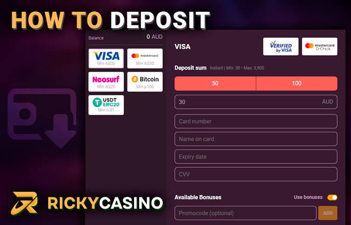 Deposit form at ricky casino with the choice of payment system