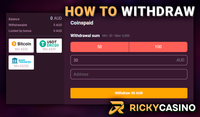 Withdrawal form from ricky casino with a choice of payment system