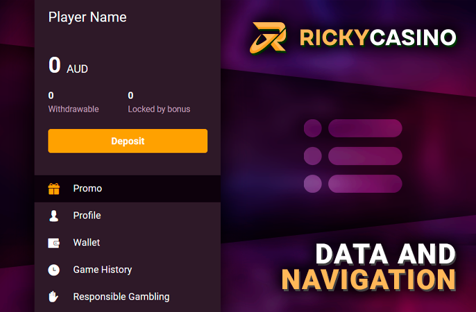 Personal profile on Ricky Casino with account information and navigation buttons
