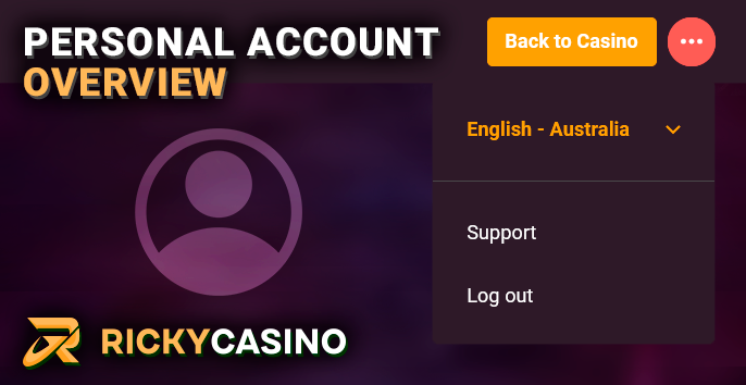 Ricky Casino menu with language selection and exit button