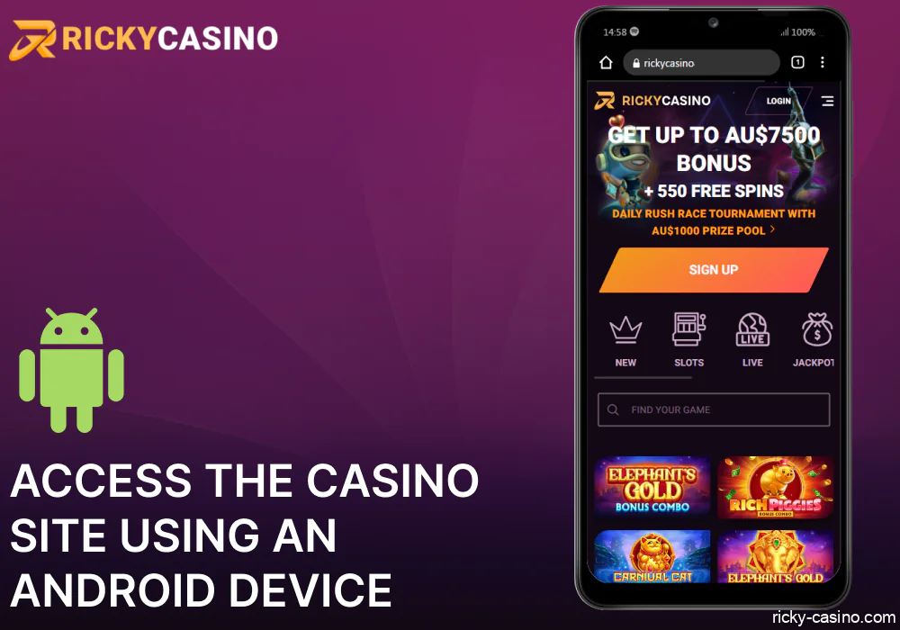 Access the Ricky Casino site using an Android device