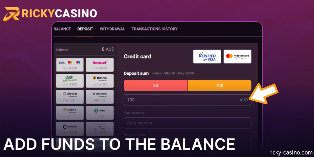 Add funds to the Ricky Casino balance