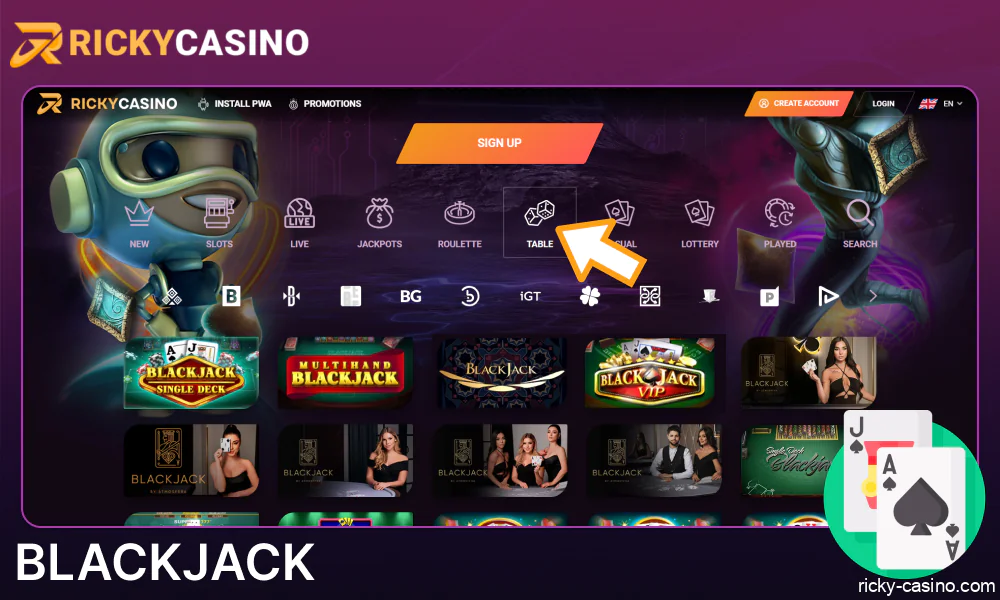 Blackjack games in Ricky Casino for Australin players