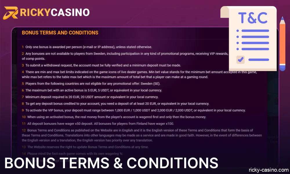 Bonus Terms & Conditions in Ricky Casino