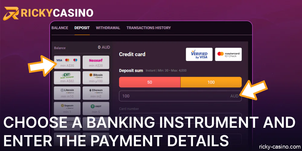 Choose a banking instrument and enter the payment details on Ricky Casino