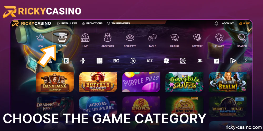 Choose a game category on Ricky Casino