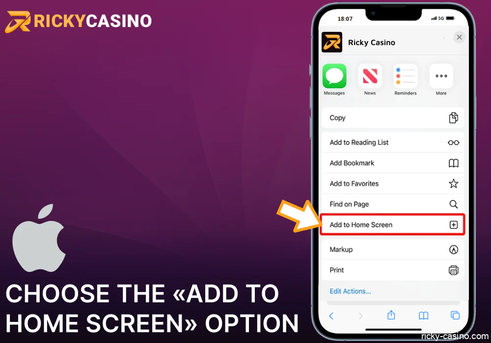 Choose the «Add to Home Screen» option on Ricky Casino