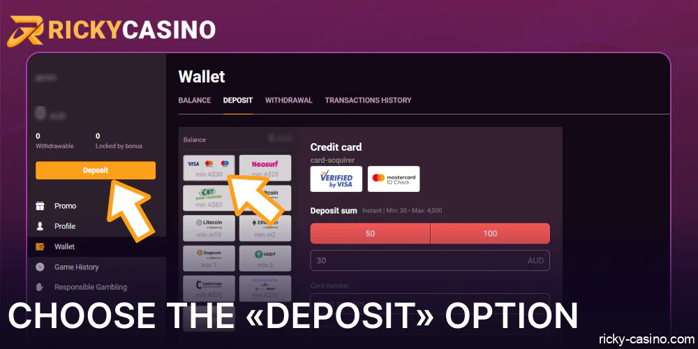 Choose the «Deposit» option on Ricky Casino