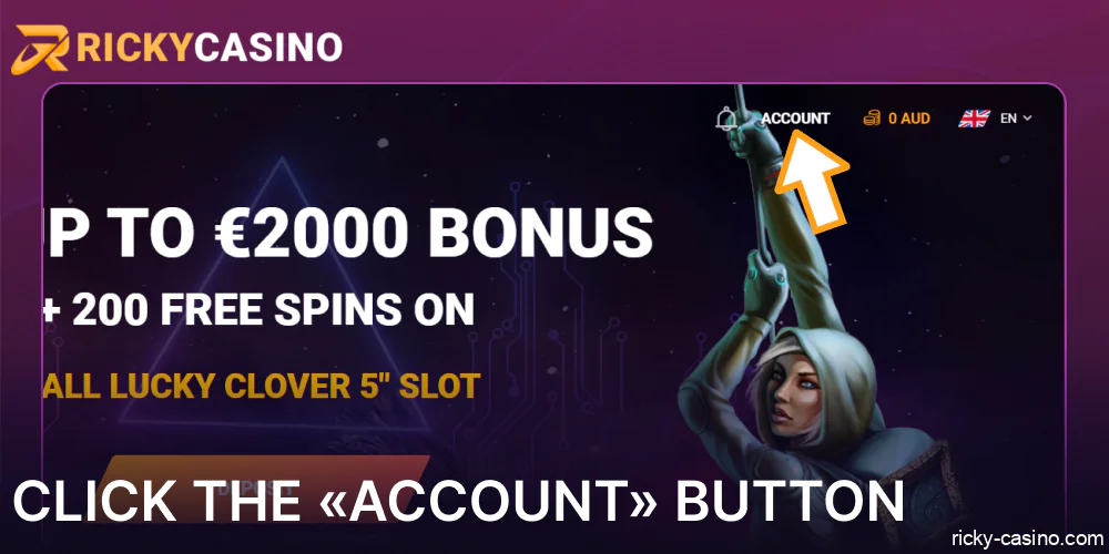 Click the «Account» button on Ricky Casino