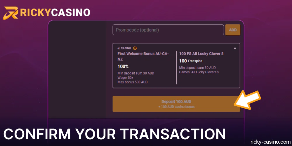 Confirm your transaction on Ricky Casino