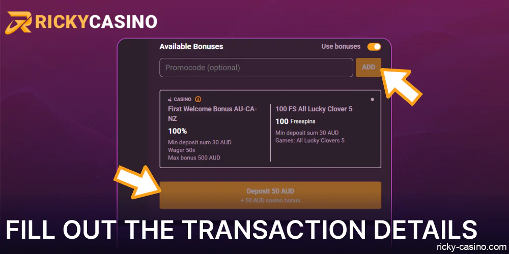 Fill out transaction details on Ricky Casino