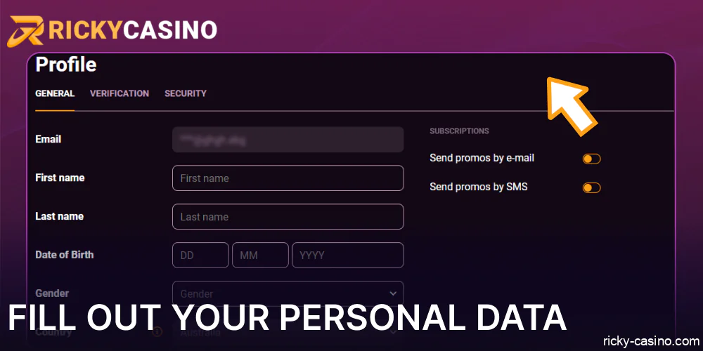 Fill out your Personal data on Ricky Casino