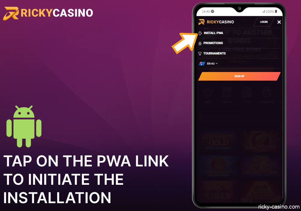 Tap on the PWA link to initiate the Ricky Casino installation