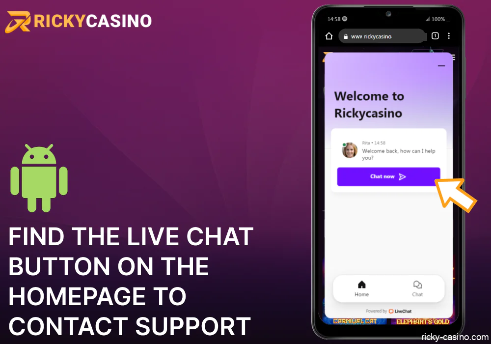 Find the live chat button on the Ricky Casino homepage