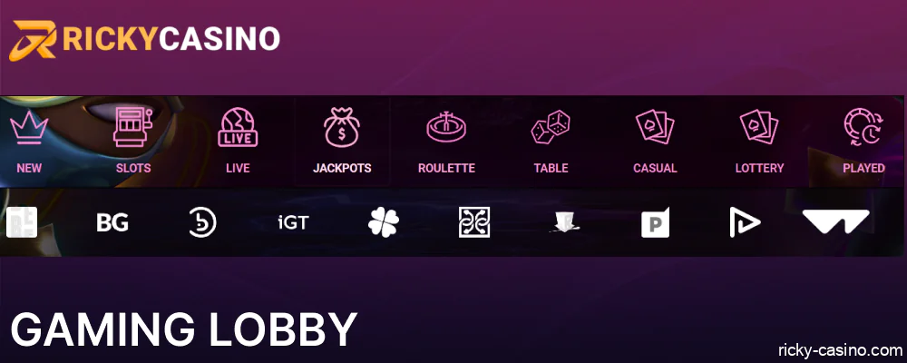 The types of games available in Ricky Casino for players from Australia