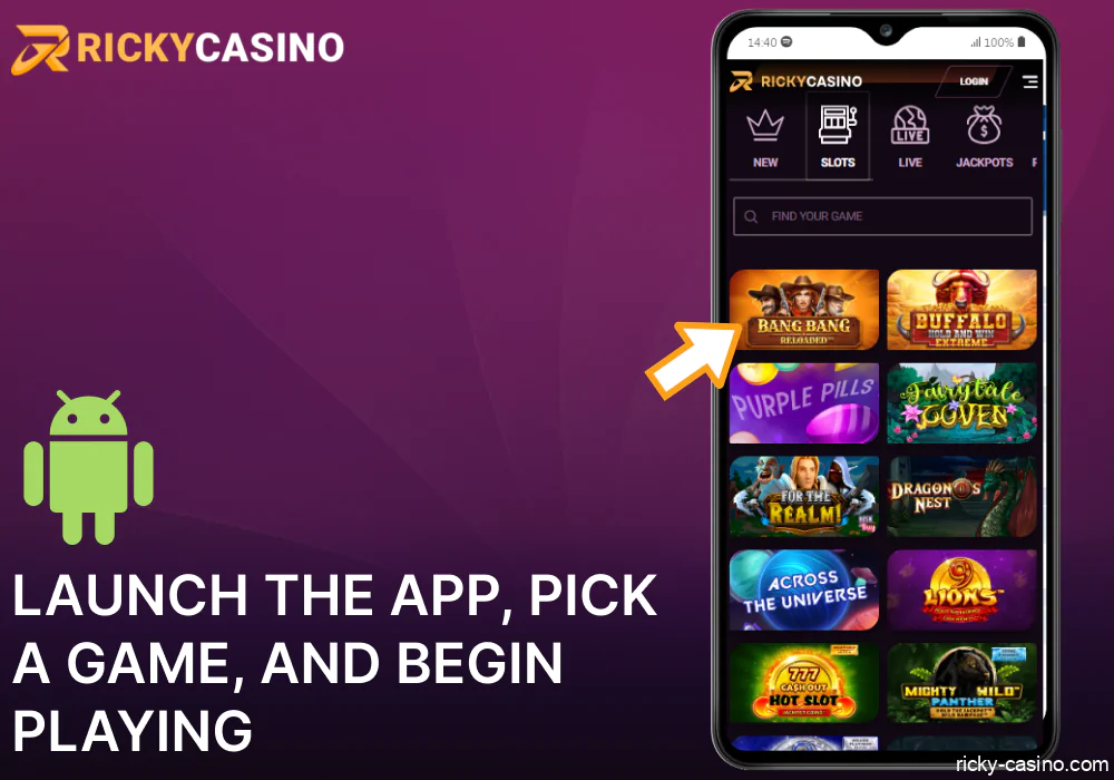 Launch the app, pick a game, and begin playing on Ricky Casino