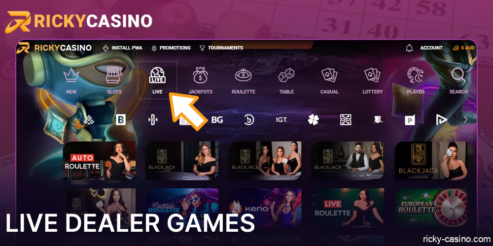 Live Dealer Games available in Ricky Casino Australia