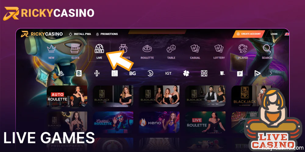 Live game options available in Ricky Casino