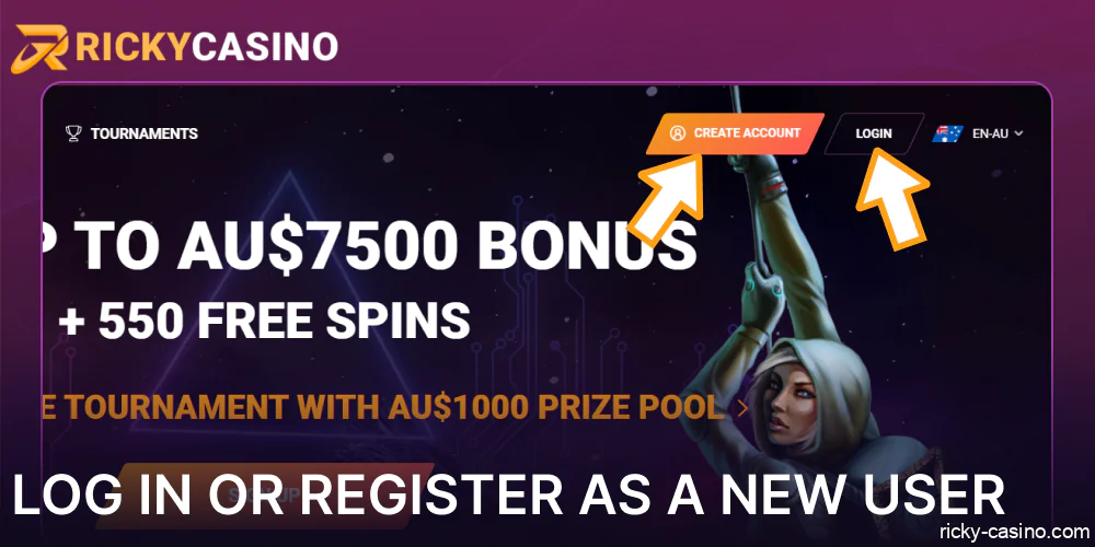 Log in or Register as a new user on Ricky Casino