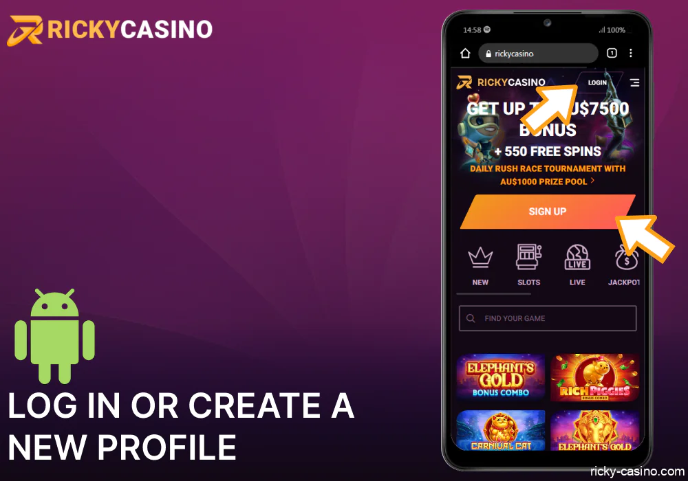 Log in on Ricky Casino or create a new profile