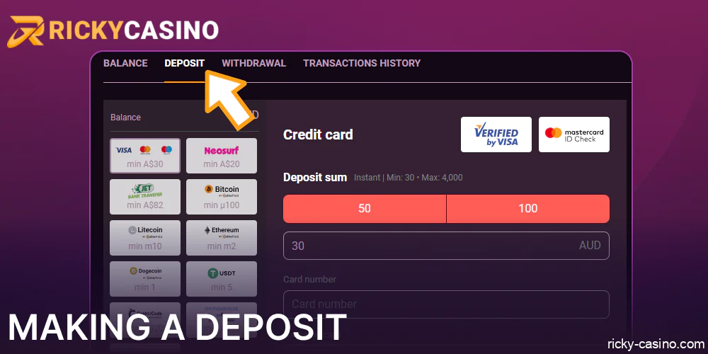 Guide on making a deposit on Ricky Casino