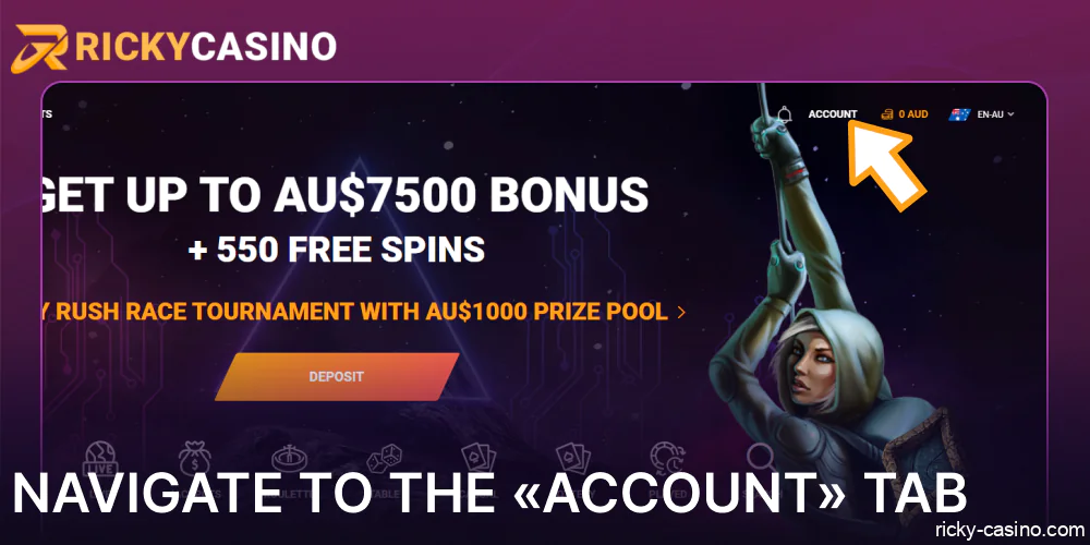 Navigate to the «Account» tab on Ricky Casino