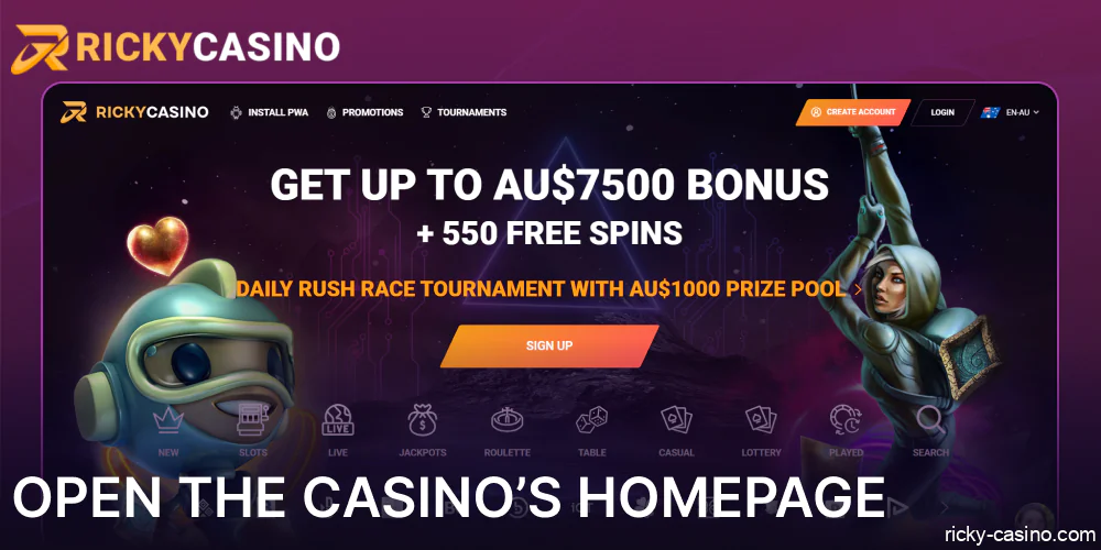 Open the Ricky Casino’s homepage