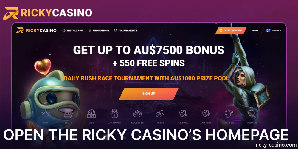 Open the Ricky Casino’s homepage