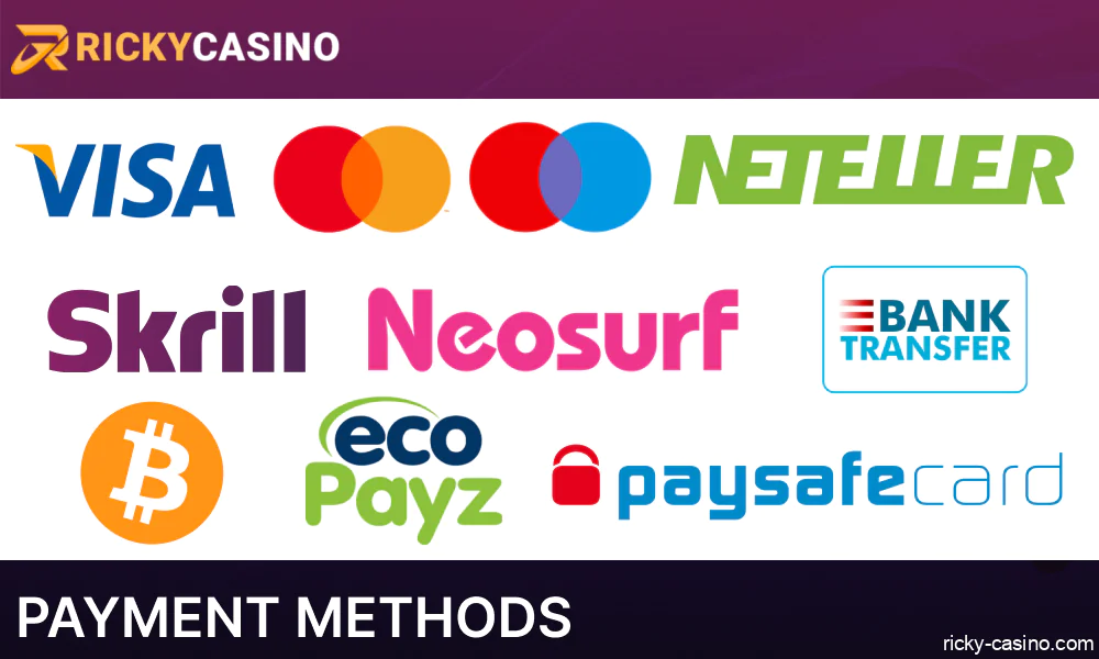 Payment options available on Ricky Casino website