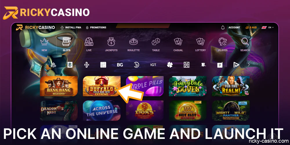 Pick an online game on Ricky Casino website and launch it