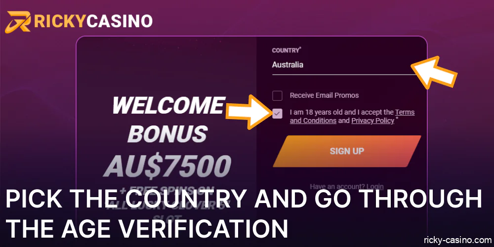 Pick the country and go through the age verification on Ricky Casino