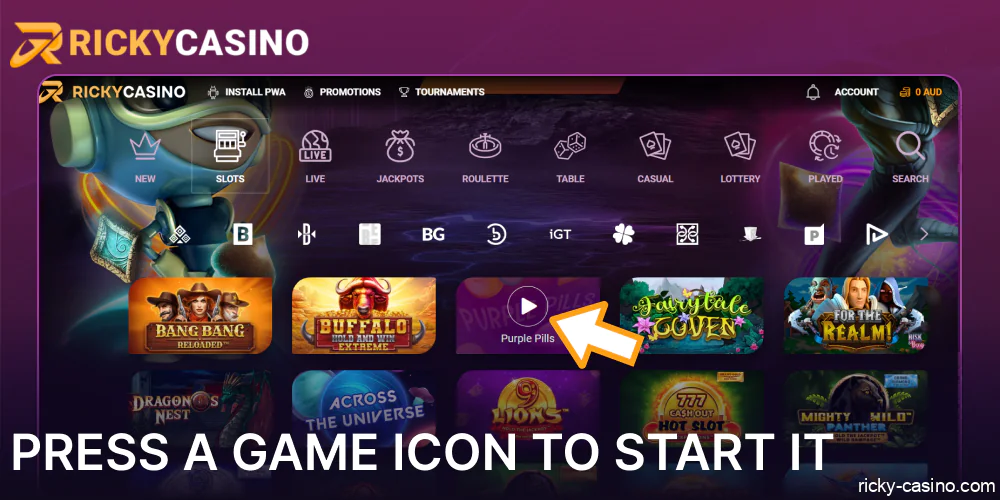 Press a game icon on Ricky Casino to start it