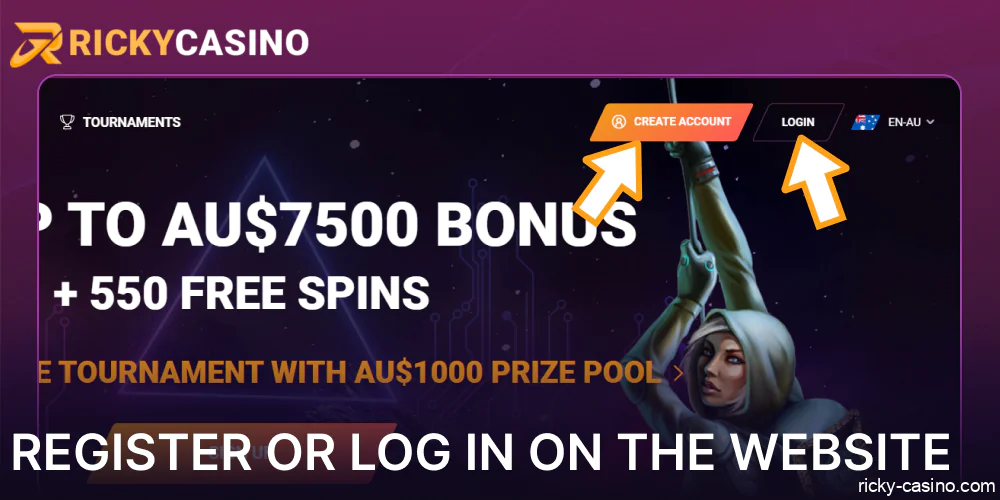 Register or log in on the Ricky Casino website