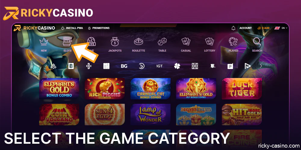 Select the game category on Ricky Casino website