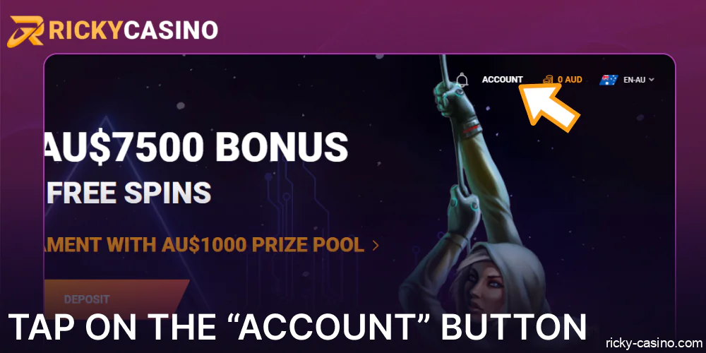 Tap on the “Account” button on Ricky Casino