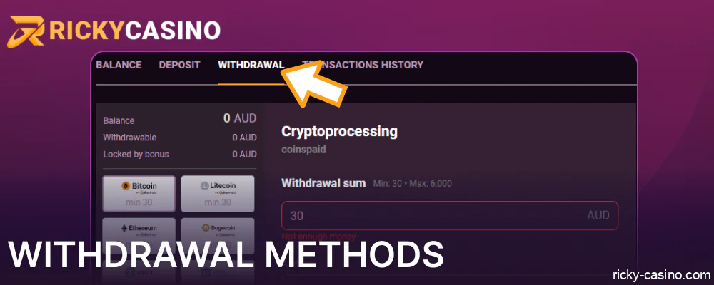 Withdrawal Methods available in Ricky Casino Australia